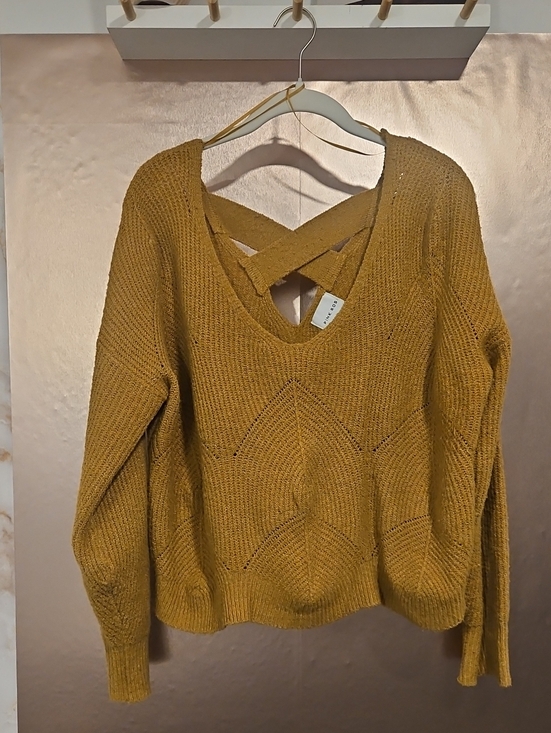Pink Rose Sweaters - Pink Rose Mustard V-Neck Sweater with Crisscross Back